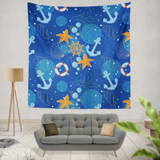 Nautical Pattern Anchor Starfish Shells Wall Tapestry