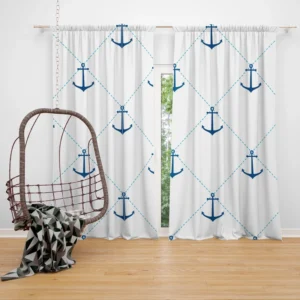 Nautical Pattern Blue Anchor In White Curtain