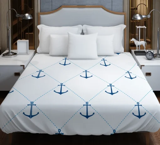 Nautical Pattern Blue Anchor In White Duvet Cover