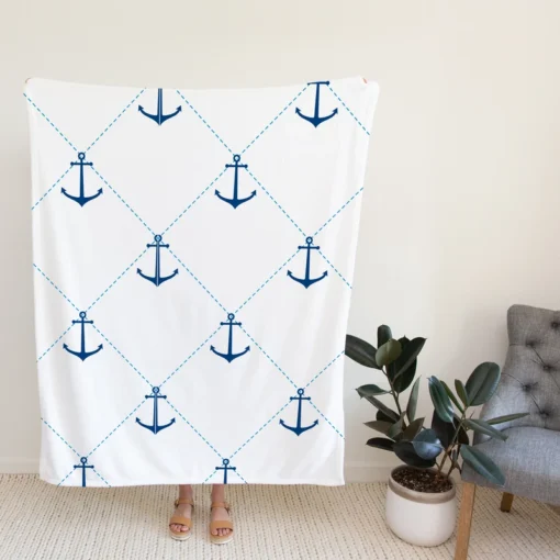 Nautical Pattern Blue Anchor In White Fleece Blanket