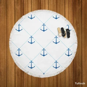 Nautical Pattern Blue Anchor In White Round Beach Towel