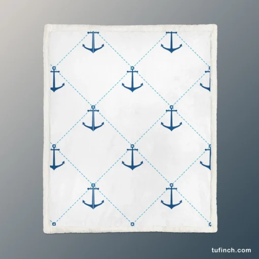 Nautical Pattern Blue Anchor In White Sherpa Fleece Blanket 1