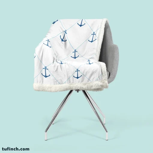 Nautical Pattern Blue Anchor In White Sherpa Fleece Blanket 2