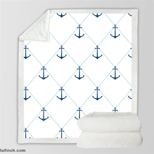 Nautical Pattern Blue Anchor In White Sherpa Fleece Blanket