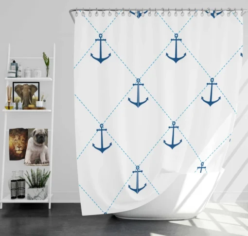 Nautical Pattern Blue Anchor In White Shower Curtain