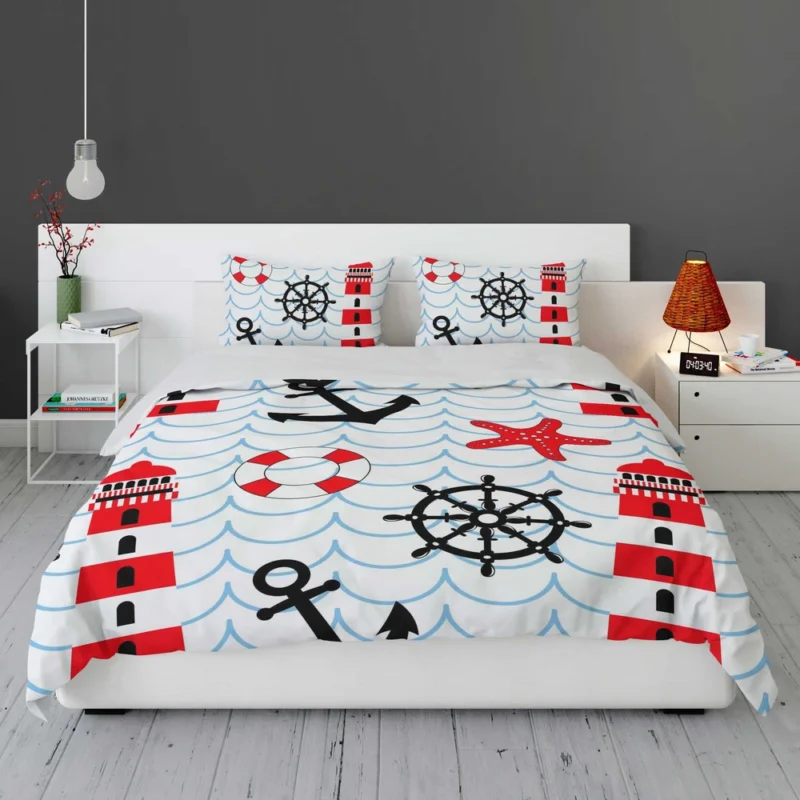 Nautical Pattern Lighthouse Lifebuoy Anchor Bedding Set 1