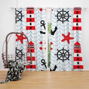 Nautical Pattern Lighthouse Lifebuoy Anchor Curtain