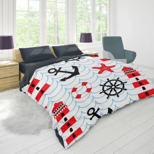 Nautical Pattern Lighthouse Lifebuoy Anchor Duvet Cover 1