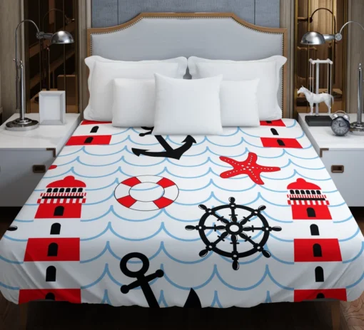 Nautical Pattern Lighthouse Lifebuoy Anchor Duvet Cover