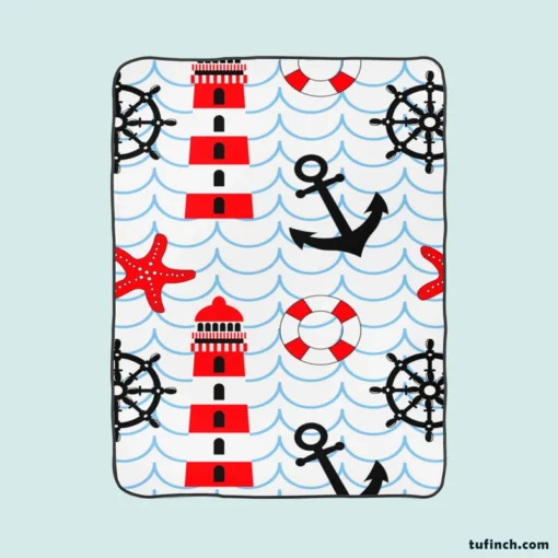 Nautical Pattern Lighthouse Lifebuoy Anchor Fleece Blanket 1