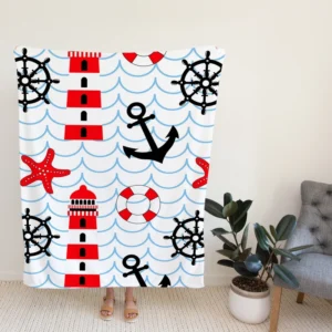 Nautical Pattern Lighthouse Lifebuoy Anchor Fleece Blanket