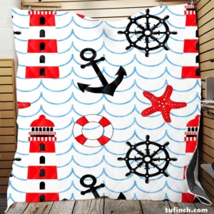 Nautical Pattern Lighthouse Lifebuoy Anchor Quilt Blanket