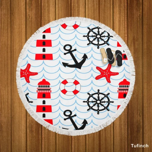 Nautical Pattern Lighthouse Lifebuoy Anchor Round Beach Towel