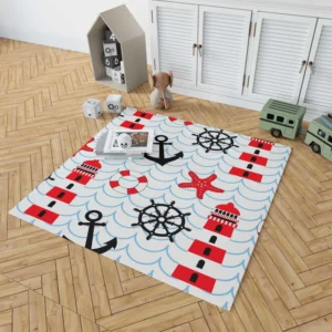 Nautical Pattern Lighthouse Lifebuoy Anchor Rug 1