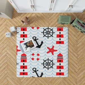 Nautical Pattern Lighthouse Lifebuoy Anchor Rug