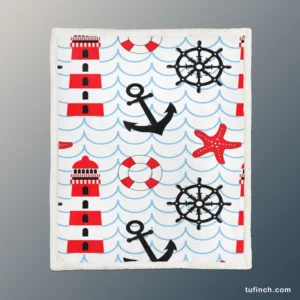 Nautical Pattern Lighthouse Lifebuoy Anchor Sherpa Fleece Blanket 1