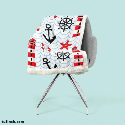 Nautical Pattern Lighthouse Lifebuoy Anchor Sherpa Fleece Blanket 2