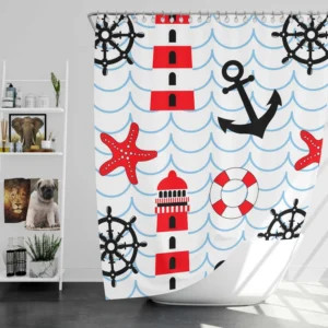 Nautical Pattern Lighthouse Lifebuoy Anchor Shower Curtain