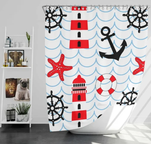 Nautical Pattern Lighthouse Lifebuoy Anchor Shower Curtain