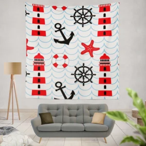 Nautical Pattern Lighthouse Lifebuoy Anchor Wall Tapestry