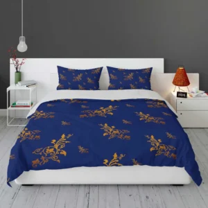 Navy Blue Baroque Pattern Golden Floral Bedding Set 1