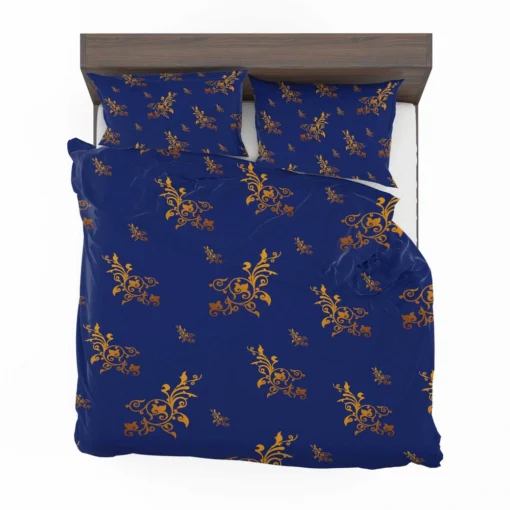 Navy Blue Baroque Pattern Golden Floral Bedding Set 2