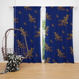 Navy Blue Baroque Pattern Golden Floral Curtain