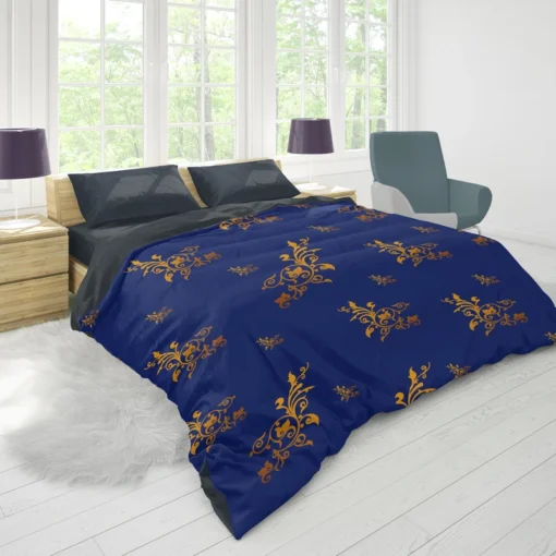 Navy Blue Baroque Pattern Golden Floral Duvet Cover 1