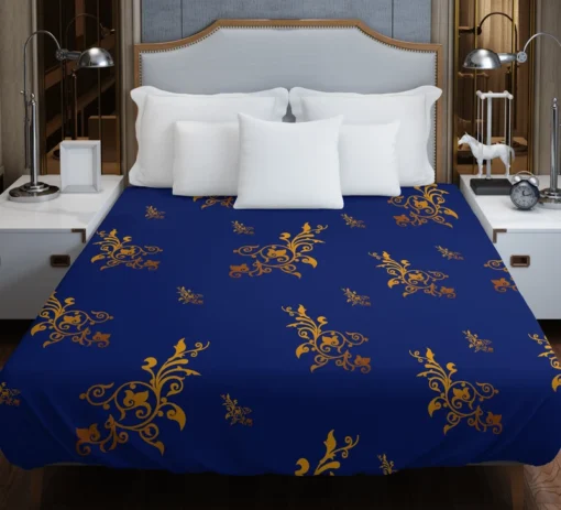 Navy Blue Baroque Pattern Golden Floral Duvet Cover