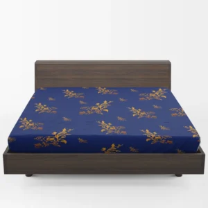 Navy Blue Baroque Pattern Golden Floral Fitted Sheet 1