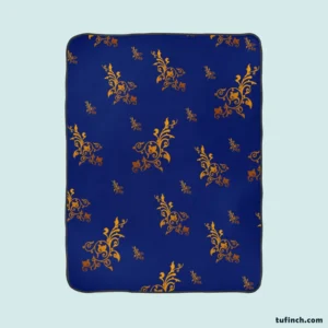 Navy Blue Baroque Pattern Golden Floral Fleece Blanket 1