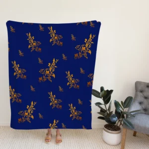 Navy Blue Baroque Pattern Golden Floral Fleece Blanket