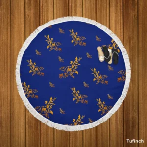 Navy Blue Baroque Pattern Golden Floral Round Beach Towel