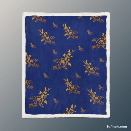 Navy Blue Baroque Pattern Golden Floral Sherpa Fleece Blanket 1