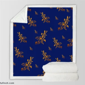 Navy Blue Baroque Pattern Golden Floral Sherpa Fleece Blanket