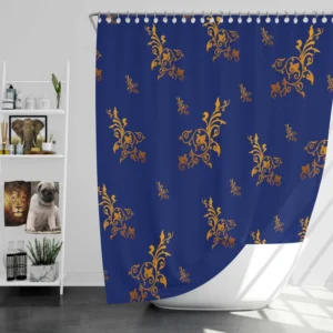 Navy Blue Baroque Pattern Golden Floral Shower Curtain