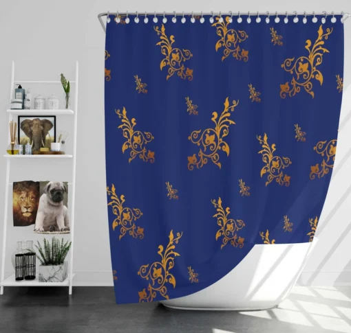 Navy Blue Baroque Pattern Golden Floral Shower Curtain