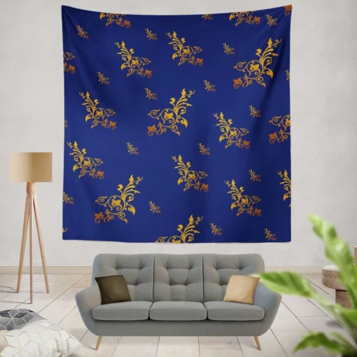 Navy Blue Baroque Pattern Golden Floral Wall Tapestry