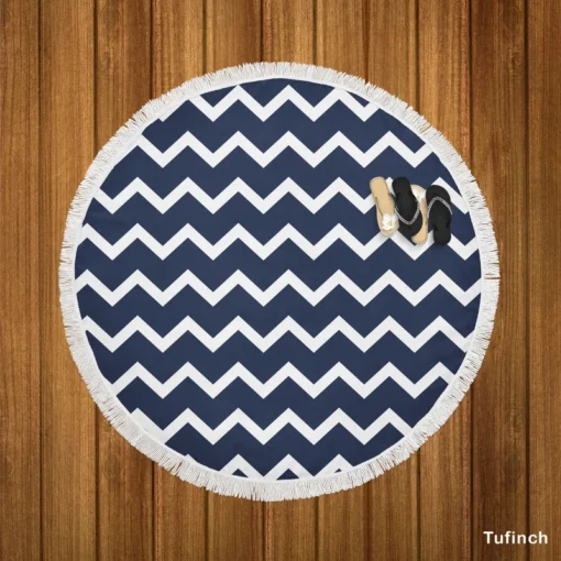 Navy Blue Chevron Zigzag Round Beach Towel