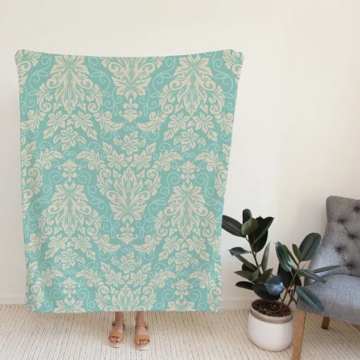 Ocean Blue Floral Damask Fleece Blanket