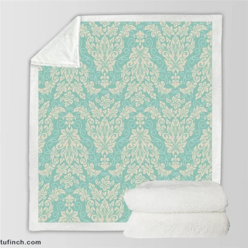 Ocean Blue Floral Damask Sherpa Fleece Blanket