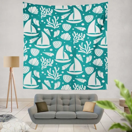 Ocean Treasures Sailboats Corals Shells Wall Tapestry