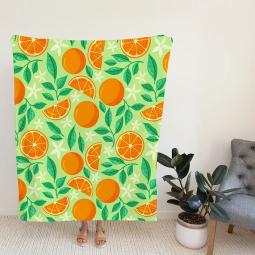 Orange And White Floral Fruit Fleece Blanket