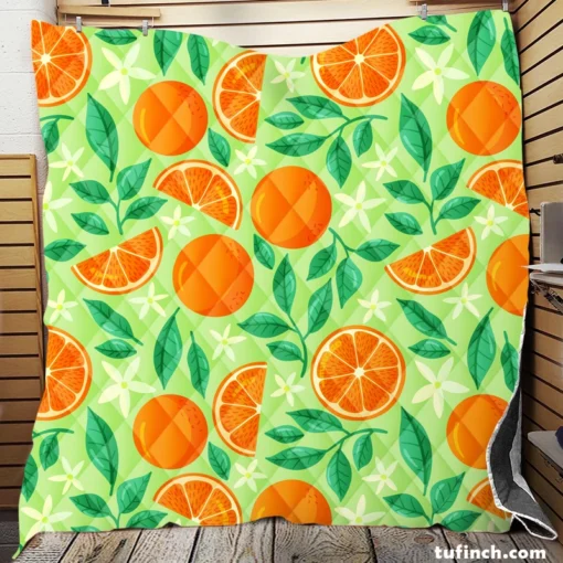 Orange And White Floral Fruit Quilt Blanket