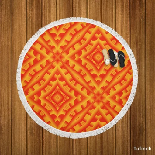 Orange Aztec Color Pattern Round Beach Towel