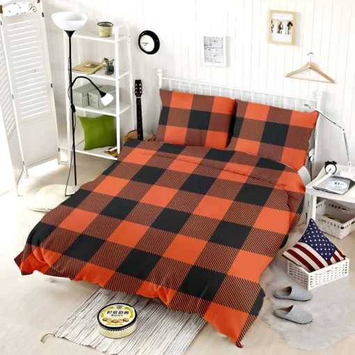 Orange Black Buffalo Plaid Pattern Bedding Set