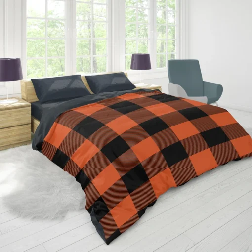 Orange Black Buffalo Plaid Pattern Duvet Cover 1