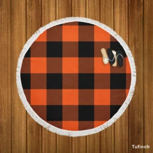 Orange Black Buffalo Plaid Pattern Round Beach Towel