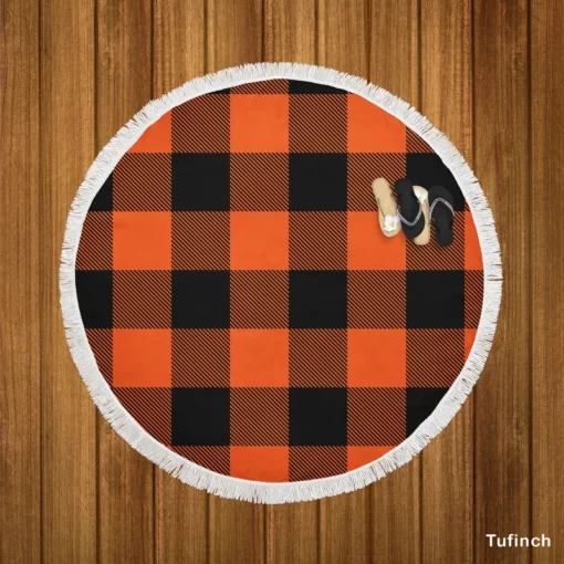 Orange Black Buffalo Plaid Pattern Round Beach Towel