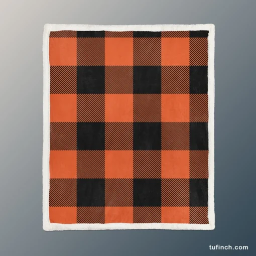 Orange Black Buffalo Plaid Pattern Sherpa Fleece Blanket 1